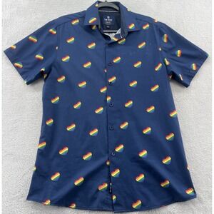 Tom Baine Shirt Men's Medium Blue Rainbow Hearts Button Up Short Sleeve Slim Fit